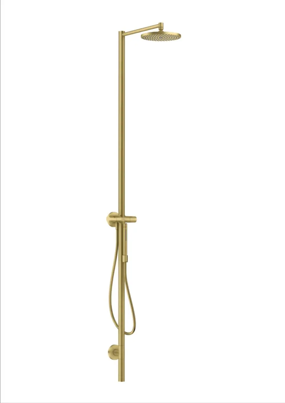 Duschsäule mit Kopfbrause in Brushed Brass-Optik, zur Wandmontage, von AXOR, mit integriertem Schlauch und Griff für die Wasserregulierung.